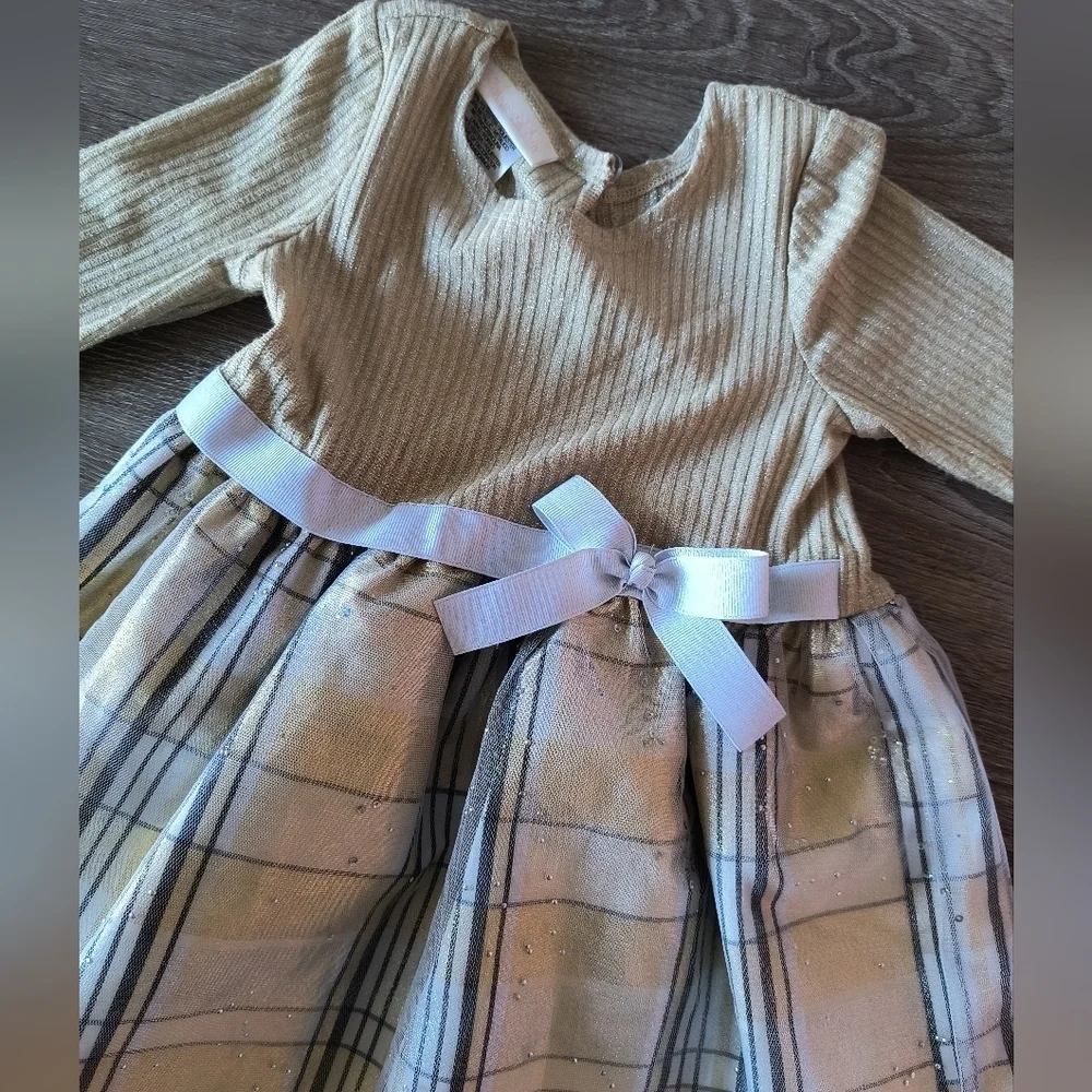 Girls Bonnie Jean Holiday Christmas Dress Gold Knit Plaid Size 24 Months